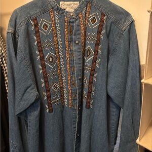 Panhandle Slim Blue Denim Shirt with Brown Embroidery